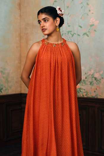 Buy Paulmi And Harsh Orange Halter Neck Renee Printed Maxi Dress Online at Aza Fashions Buy_Paulmi And Harsh_Orange Halter Neck Renee Printed Maxi Dress _Online_at_Aza_Fashions