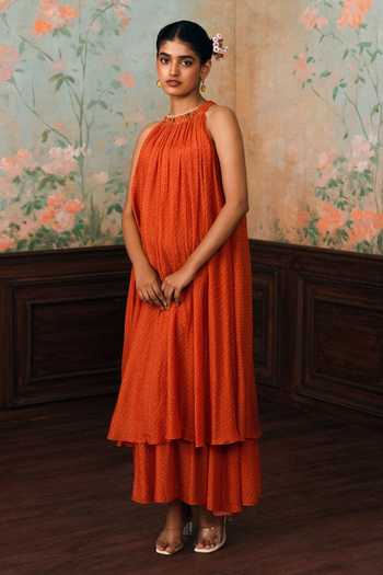 Shop Paulmi And Harsh Orange Halter Neck Renee Printed Maxi Dress Online at Aza Fashions Shop_Paulmi And Harsh_Orange Halter Neck Renee Printed Maxi Dress _Online_at_Aza_Fashions