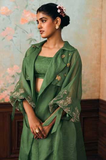 Shop Paulmi And Harsh Green Organza, Jacquard Open , Square Kathleen Jacket Pant Set Online at Aza Fashions Shop_Paulmi And Harsh_Green Organza, Jacquard Open , Square Kathleen Jacket Pant Set _Online_at_Aza_Fashions