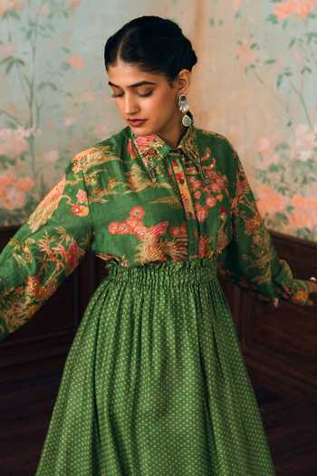 Shop Paulmi And Harsh Green Cotton Collared Neck Kristyn Printed Shirt And Skirt Set Online at Aza Fashions Shop_Paulmi And Harsh_Green Cotton Collared Neck Kristyn Printed Shirt And Skirt Set _Online_at_Aza_Fashions