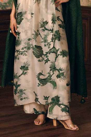 Paulmi And Harsh_Ivory Silk , Mandarin Collar Noka Floral Print Kurta And Pant Set _Online_at_Aza_Fashions