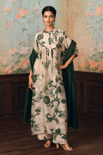 Buy_Paulmi And Harsh_Ivory Silk , Mandarin Collar Noka Floral Print Kurta And Pant Set _Online_at_Aza_Fashions