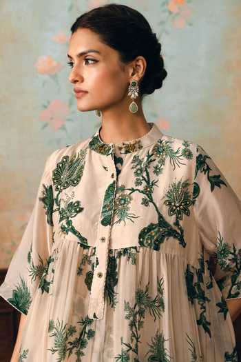 Shop_Paulmi And Harsh_Ivory Silk , Mandarin Collar Noka Floral Print Kurta And Pant Set _Online_at_Aza_Fashions