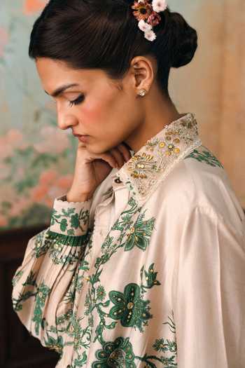 Paulmi And Harsh Green Silk, Organza, Modal Collared Neck Stacie Printed Shirt Online at Aza Fashions Paulmi And Harsh_Green Silk, Organza, Modal Collared Neck Stacie Printed Shirt _Online_at_Aza_Fashions