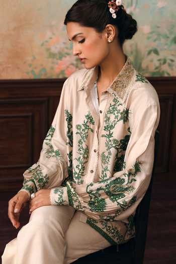 Paulmi And Harsh Green Silk, Organza, Modal Collared Neck Stacie Printed Shirt at Aza Fashions Paulmi And Harsh_Green Silk, Organza, Modal Collared Neck Stacie Printed Shirt _at_Aza_Fashions