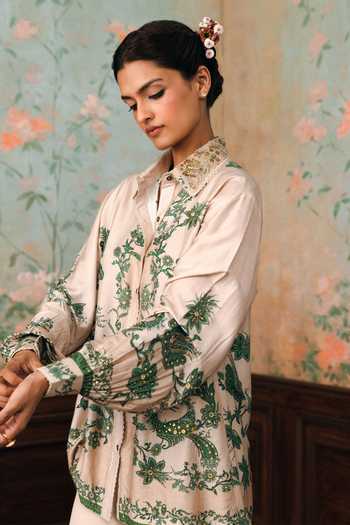 Buy Paulmi And Harsh Green Silk, Organza, Modal Collared Neck Stacie Printed Shirt Buy_Paulmi And Harsh_Green Silk, Organza, Modal Collared Neck Stacie Printed Shirt