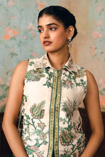 Paulmi And Harsh Ivory Silk, Cotton, Organza, Shantoon Collared Carlos Printed Shirt And Skirt Set at Aza Fashions Paulmi And Harsh_Ivory Silk, Cotton, Organza, Shantoon Collared Carlos Printed Shirt And Skirt Set _at_Aza_Fashions