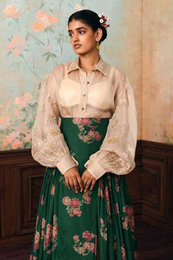 Buy Paulmi And Harsh Ivory Shantoon, Cotton, Organza, Lace, Solstice Sheer Shirt And Printed Skirt Set Online at Aza Fashions Buy_Paulmi And Harsh_Ivory Shantoon, Cotton, Organza, Lace, Solstice Sheer Shirt And Printed Skirt Set _Online_at_Aza_Fashions
