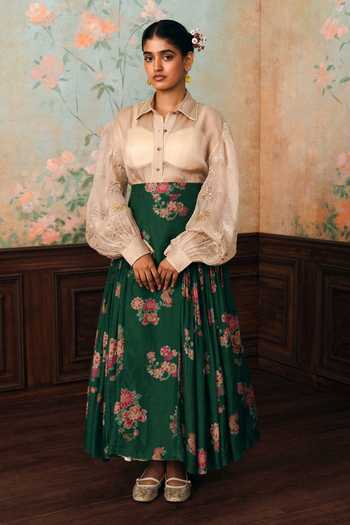 Paulmi And Harsh Solstice Sheer Shirt & Printed Skirt Set 