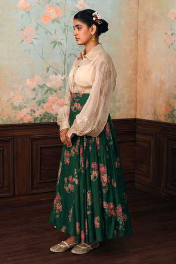 Shop Paulmi And Harsh Ivory Shantoon, Cotton, Organza, Lace, Solstice Sheer Shirt And Printed Skirt Set Online at Aza Fashions Shop_Paulmi And Harsh_Ivory Shantoon, Cotton, Organza, Lace, Solstice Sheer Shirt And Printed Skirt Set _Online_at_Aza_Fashions