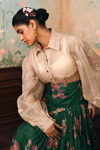 Paulmi And Harsh Ivory Shantoon, Cotton, Organza, Lace, Solstice Sheer Shirt And Printed Skirt Set at Aza Fashions Paulmi And Harsh_Ivory Shantoon, Cotton, Organza, Lace, Solstice Sheer Shirt And Printed Skirt Set _at_Aza_Fashions