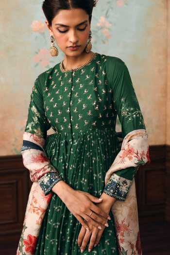 Paulmi And Harsh Green , Cotton, Satin, Organza Round Neck Erika Printed Anarkali Set Online at Aza Fashions Paulmi And Harsh_Green , Cotton, Satin, Organza Round Neck Erika Printed Anarkali Set _Online_at_Aza_Fashions