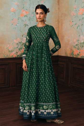 Shop Paulmi And Harsh Green , Cotton, Satin, Organza Round Neck Erika Printed Anarkali Set Online at Aza Fashions Shop_Paulmi And Harsh_Green , Cotton, Satin, Organza Round Neck Erika Printed Anarkali Set _Online_at_Aza_Fashions