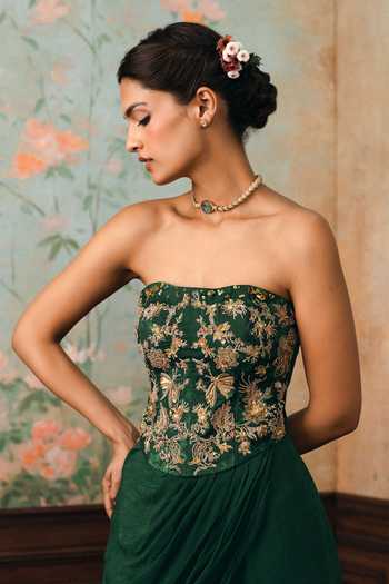 Paulmi And Harsh Green Zari Bandeau Neck Lilia Printed Corset Skirt Set at Aza Fashions Paulmi And Harsh_Green Zari Bandeau Neck Lilia Printed Corset Skirt Set _at_Aza_Fashions