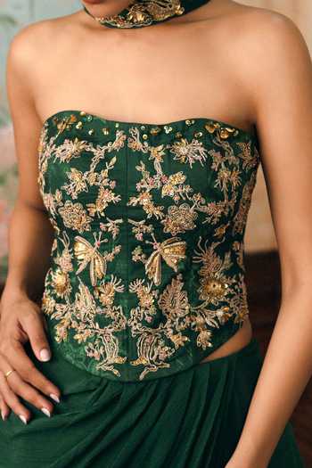 Buy Paulmi And Harsh Green Zari Bandeau Neck Lilia Printed Corset Skirt Set Buy_Paulmi And Harsh_Green Zari Bandeau Neck Lilia Printed Corset Skirt Set