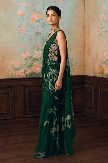 Paulmi And Harsh Green Georgette Zari, Stones Sofia Pre-draped Saree With Embroidered Corset Online at Aza Fashions Paulmi And Harsh_Green Georgette Zari, Stones Sofia Pre-draped Saree With Embroidered Corset _Online_at_Aza_Fashions