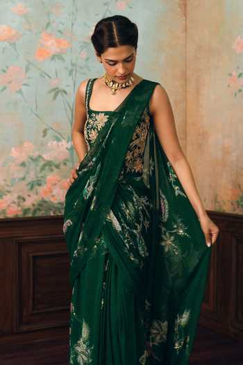 Shop Paulmi And Harsh Green Georgette Zari, Stones Sofia Pre-draped Saree With Embroidered Corset Online at Aza Fashions Shop_Paulmi And Harsh_Green Georgette Zari, Stones Sofia Pre-draped Saree With Embroidered Corset _Online_at_Aza_Fashions
