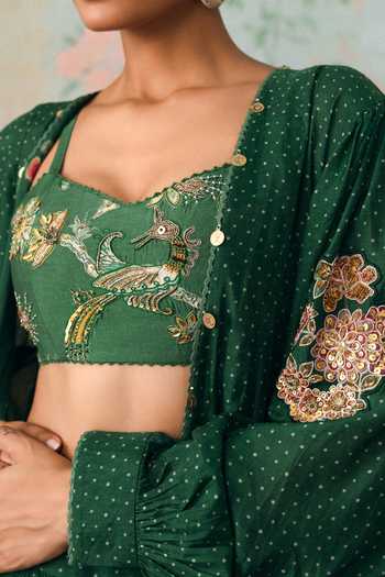 Paulmi And Harsh Emerald Green Silk, Cotton Sweetheart Neck, Fallon Embroidered Jacket Skirt Set at Aza Fashions Paulmi And Harsh_Emerald Green Silk, Cotton Sweetheart Neck, Fallon Embroidered Jacket Skirt Set _at_Aza_Fashions