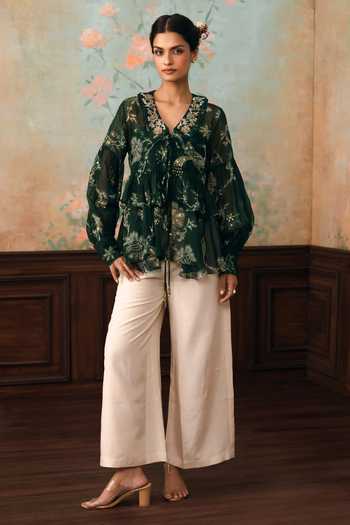 Paulmi And Harsh_Green Organza, Lace, Chantilly, Shantoon Bixby Printed Shirt With Tube Top _Online_at_Aza_Fashions