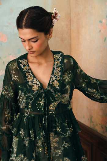 Buy_Paulmi And Harsh_Green Organza, Lace, Chantilly, Shantoon Bixby Printed Shirt With Tube Top _Online_at_Aza_Fashions