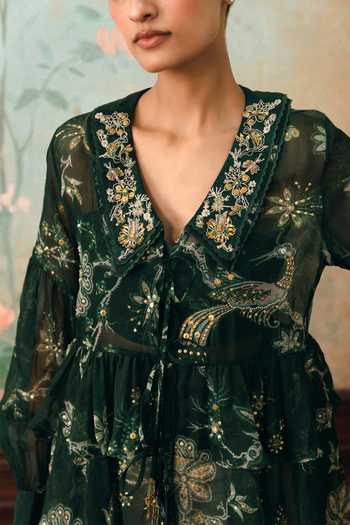 Shop_Paulmi And Harsh_Green Organza, Lace, Chantilly, Shantoon Bixby Printed Shirt With Tube Top _Online_at_Aza_Fashions