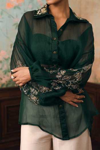 Paulmi And Harsh_Green Organza, Lace, Chantilly, Shantoon Collared Kylie Sheer Shirt With Top _Online_at_Aza_Fashions
