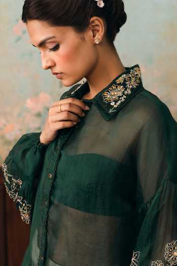 Buy_Paulmi And Harsh_Green Organza, Lace, Chantilly, Shantoon Collared Kylie Sheer Shirt With Top _Online_at_Aza_Fashions