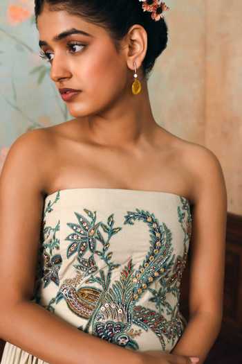 Paulmi And Harsh Ivory Poplin, Shantoon Bandeau Neck Emilia Floral Print Dress Online at Aza Fashions Paulmi And Harsh_Ivory Poplin, Shantoon Bandeau Neck Emilia Floral Print Dress _Online_at_Aza_Fashions