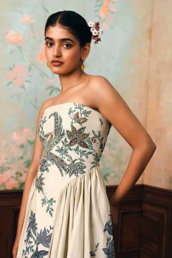 Buy Paulmi And Harsh Ivory Poplin, Shantoon Bandeau Neck Emilia Floral Print Dress Online at Aza Fashions Buy_Paulmi And Harsh_Ivory Poplin, Shantoon Bandeau Neck Emilia Floral Print Dress _Online_at_Aza_Fashions