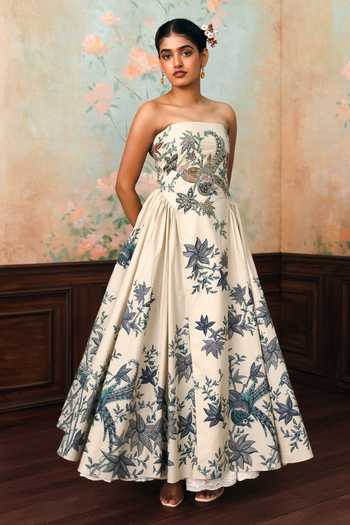 Shop Paulmi And Harsh Ivory Poplin, Shantoon Bandeau Neck Emilia Floral Print Dress Online at Aza Fashions Shop_Paulmi And Harsh_Ivory Poplin, Shantoon Bandeau Neck Emilia Floral Print Dress _Online_at_Aza_Fashions