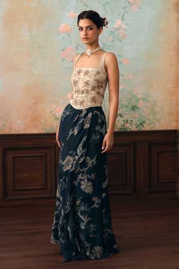 Buy Paulmi And Harsh Ivory Organza, Satin, Net Zari, Stones Square Lilia Printed Corset Skirt Set Online at Aza Fashions Buy_Paulmi And Harsh_Ivory Organza, Satin, Net Zari, Stones Square Lilia Printed Corset Skirt Set _Online_at_Aza_Fashions