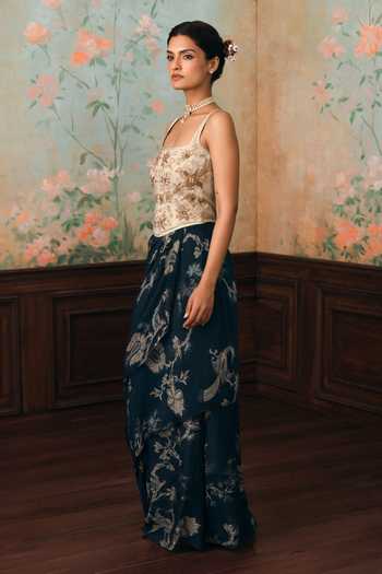 Shop Paulmi And Harsh Ivory Organza, Satin, Net Zari, Stones Square Lilia Printed Corset Skirt Set Online at Aza Fashions Shop_Paulmi And Harsh_Ivory Organza, Satin, Net Zari, Stones Square Lilia Printed Corset Skirt Set _Online_at_Aza_Fashions