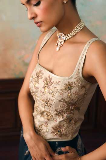 Paulmi And Harsh Ivory Organza, Satin, Net Zari, Stones Square Lilia Printed Corset Skirt Set at Aza Fashions Paulmi And Harsh_Ivory Organza, Satin, Net Zari, Stones Square Lilia Printed Corset Skirt Set _at_Aza_Fashions