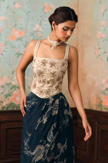 Buy Paulmi And Harsh Ivory Organza, Satin, Net Zari, Stones Square Lilia Printed Corset Skirt Set Buy_Paulmi And Harsh_Ivory Organza, Satin, Net Zari, Stones Square Lilia Printed Corset Skirt Set