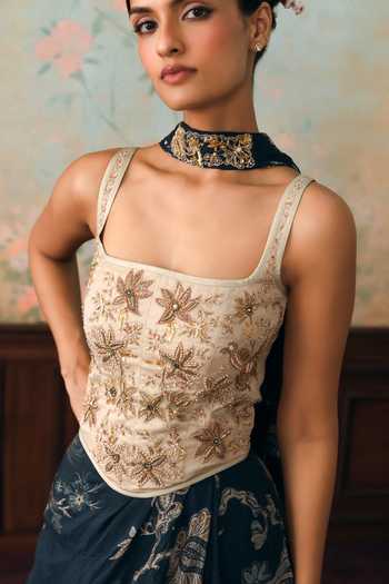 Shop Paulmi And Harsh Ivory Organza, Satin, Net Zari, Stones Square Lilia Printed Corset Skirt Set Shop_Paulmi And Harsh_Ivory Organza, Satin, Net Zari, Stones Square Lilia Printed Corset Skirt Set