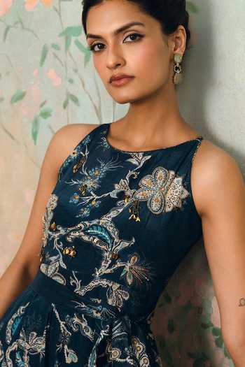 Buy_Paulmi And Harsh_Navy Crepe Round Neck Alaya Printed Jumpsuit With Belt _Online_at_Aza_Fashions