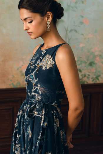 Shop_Paulmi And Harsh_Navy Crepe Round Neck Alaya Printed Jumpsuit With Belt _Online_at_Aza_Fashions