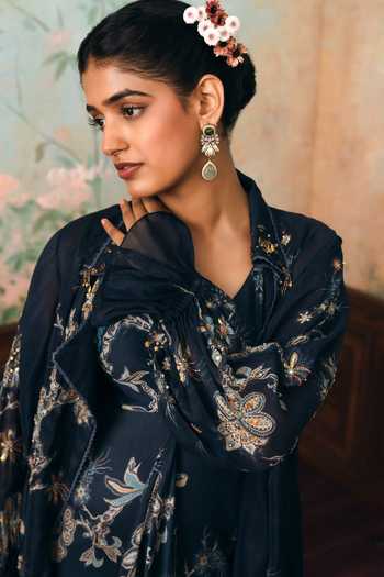 Shop Paulmi And Harsh Blue Organza Shawl Neck, Elio Printed Dress With Jacket Online at Aza Fashions Shop_Paulmi And Harsh_Blue Organza Shawl Neck, Elio Printed Dress With Jacket _Online_at_Aza_Fashions