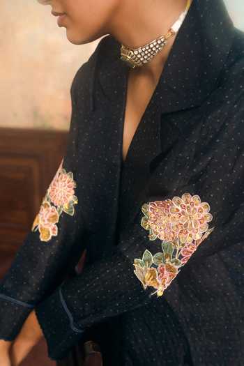 Shop Paulmi And Harsh Blue Shantoon, Silk, Cotton, Lace Sweetheart Neck, Dorthy Printed Jacket Set Online at Aza Fashions Shop_Paulmi And Harsh_Blue Shantoon, Silk, Cotton, Lace Sweetheart Neck, Dorthy Printed Jacket Set _Online_at_Aza_Fashions