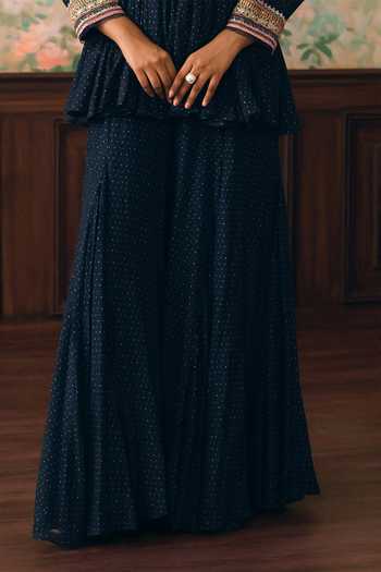 Paulmi And Harsh_Blue Mandarin Collar Merlia Printed Peplum Top And Palazzo Set _Online_at_Aza_Fashions