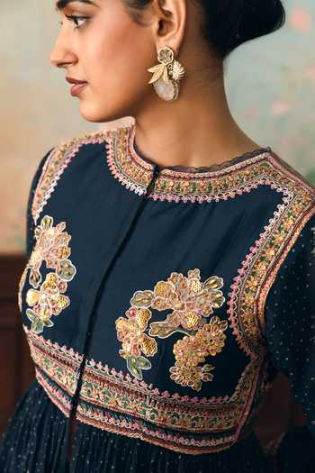 Shop_Paulmi And Harsh_Blue Mandarin Collar Merlia Printed Peplum Top And Palazzo Set _Online_at_Aza_Fashions
