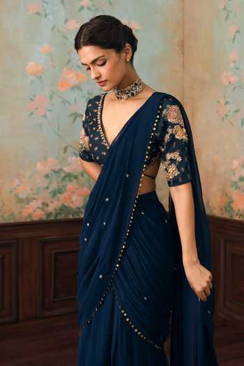 Buy_Paulmi And Harsh_Blue Georgette V-neck Kaia Embroidered Pre-draped Saree With Blouse _Online_at_Aza_Fashions