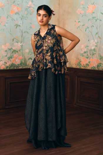 Paulmi And Harsh Cherie Printed Peplum Jacket Pant Set