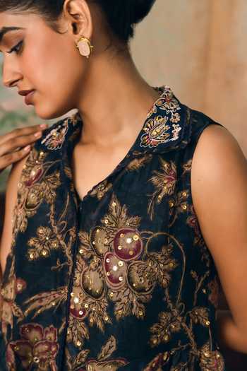 Shop Paulmi And Harsh Blue Organza Collared Neck Cherie Printed Peplum Jacket Pant Set Online at Aza Fashions Shop_Paulmi And Harsh_Blue Organza Collared Neck Cherie Printed Peplum Jacket Pant Set _Online_at_Aza_Fashions