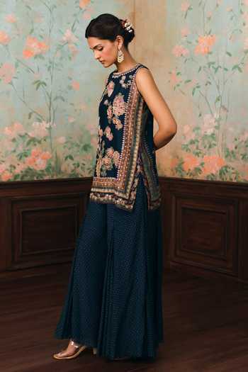 Buy Paulmi And Harsh Blue Shantoon High Neck Wildflower Printed Kurta And Palazzo Set Online at Aza Fashions Buy_Paulmi And Harsh_Blue Shantoon High Neck Wildflower Printed Kurta And Palazzo Set _Online_at_Aza_Fashions