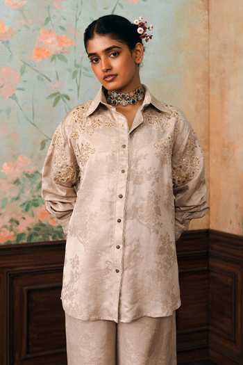 Paulmi And Harsh Beige Jacquard Collared Neck Cecelia Woven Shirt And Pant Set Online at Aza Fashions Paulmi And Harsh_Beige Jacquard Collared Neck Cecelia Woven Shirt And Pant Set _Online_at_Aza_Fashions