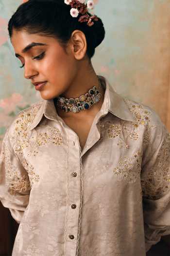 Buy Paulmi And Harsh Beige Jacquard Collared Neck Cecelia Woven Shirt And Pant Set Online at Aza Fashions Buy_Paulmi And Harsh_Beige Jacquard Collared Neck Cecelia Woven Shirt And Pant Set _Online_at_Aza_Fashions