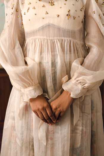 Buy_Paulmi And Harsh_Ivory Satin, Organza Round Neck Rosalie Embroidered Jacket Skirt Set _Online_at_Aza_Fashions