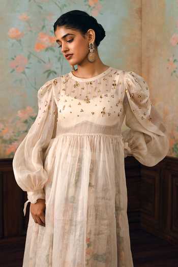 Paulmi And Harsh_Ivory Satin, Organza Round Neck Rosalie Embroidered Jacket Skirt Set _at_Aza_Fashions