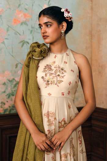 Paulmi And Harsh_Ivory Silk, Cotton, Organza Halter Neck Delphine Printed Anarkali Set _Online_at_Aza_Fashions